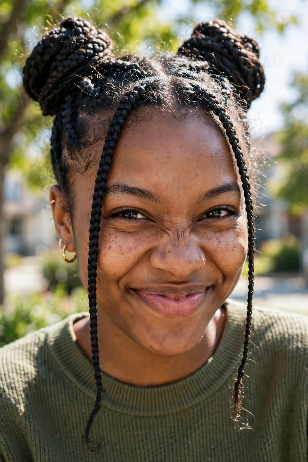 Black woman with side-swept box braid bun, elegant low side bun