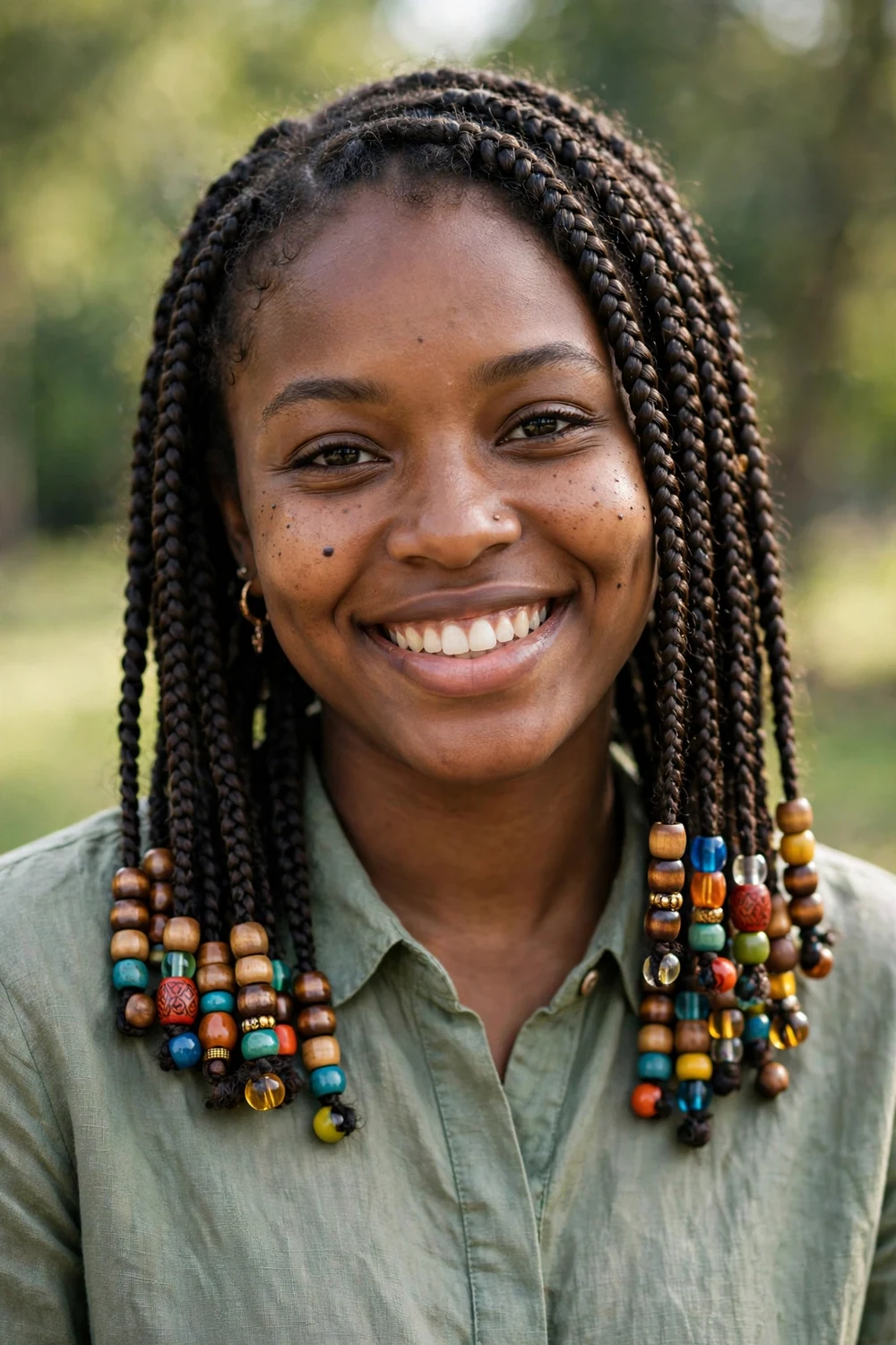 Black woman with flower crown box braids, braids shaped into a floral crown pattern