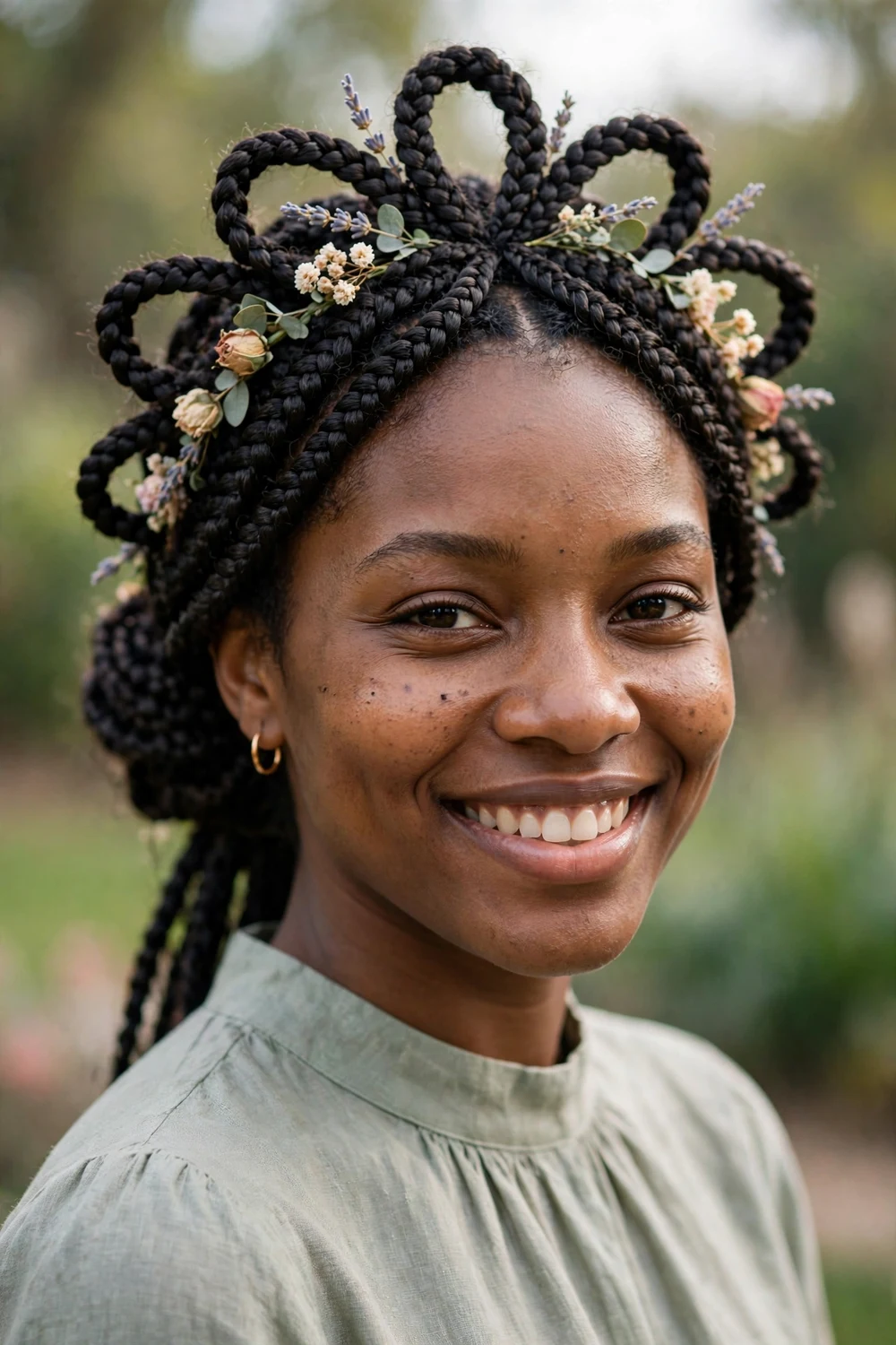 Black woman with front-knot box braids, elegant knot wrap at front with ponytail