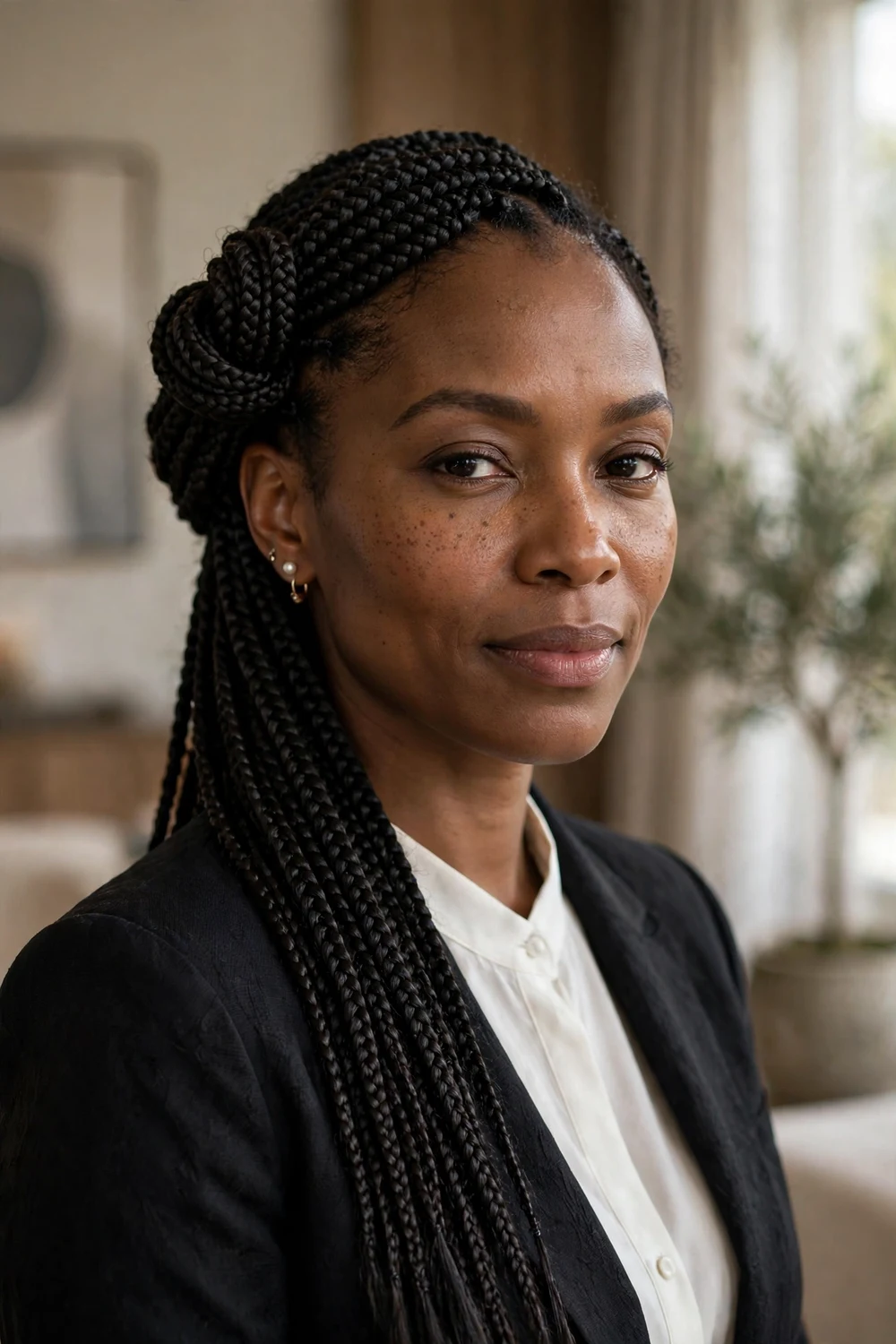 Black woman with beaded box braids, colorful beads on braid ends