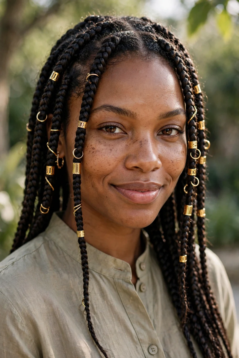 Black woman with box braids decorated with gold cuffs and rings