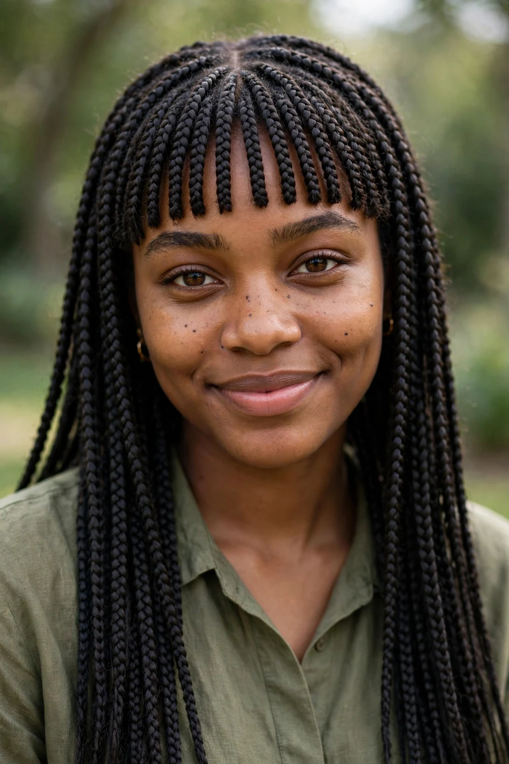 Black woman with box braids wrapped with colorful strings and charms