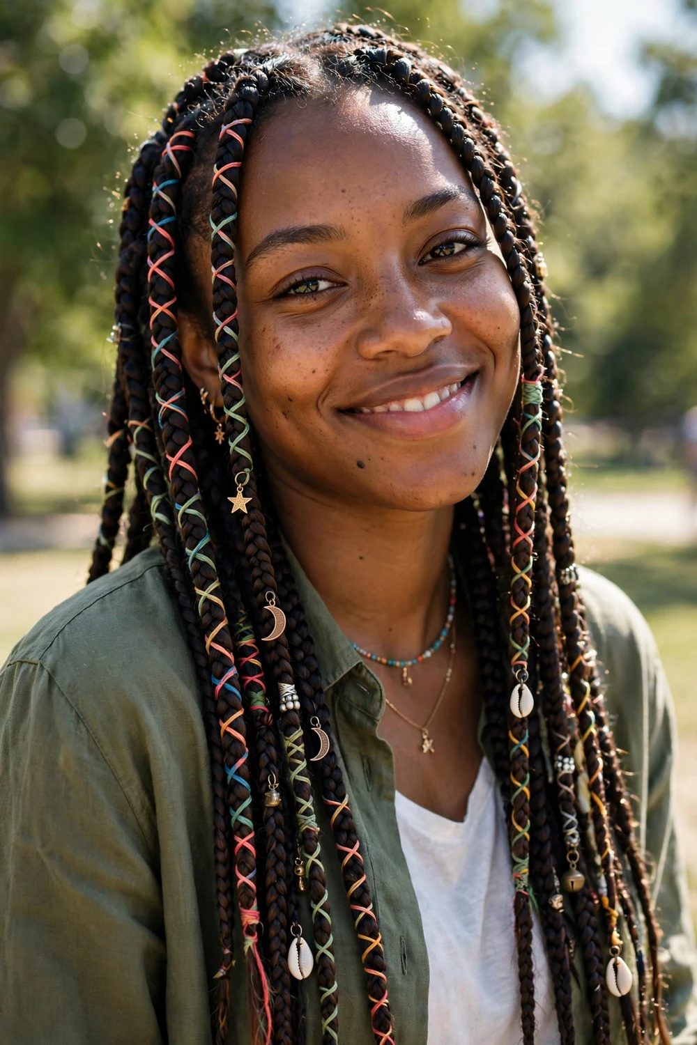 Black woman with box braids and a full braided fringe across the forehead