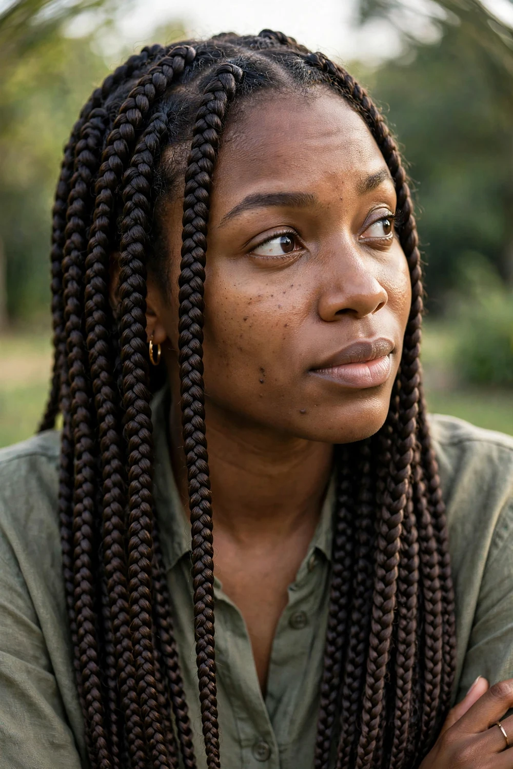Black woman with fishtail box braids, two-strand fishtail texture on box braid base