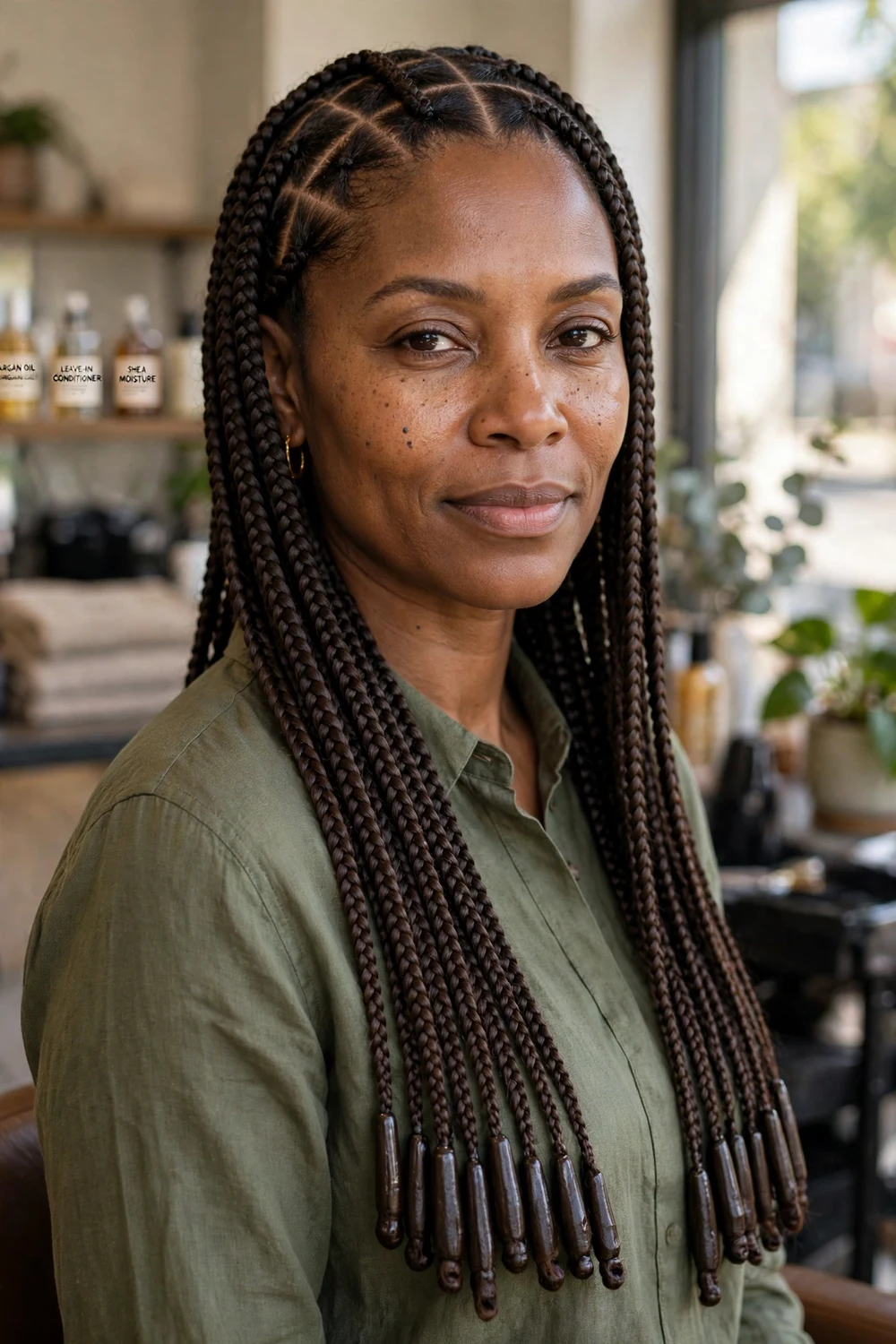 Black woman with small box braids, fine neat sections, long length