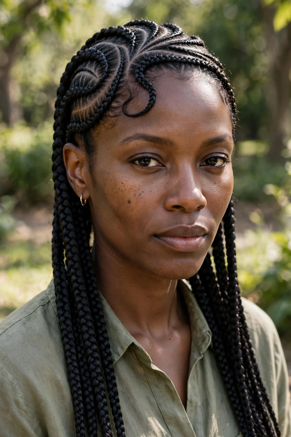 Black woman with french box braids, french braiding technique blended with box braids