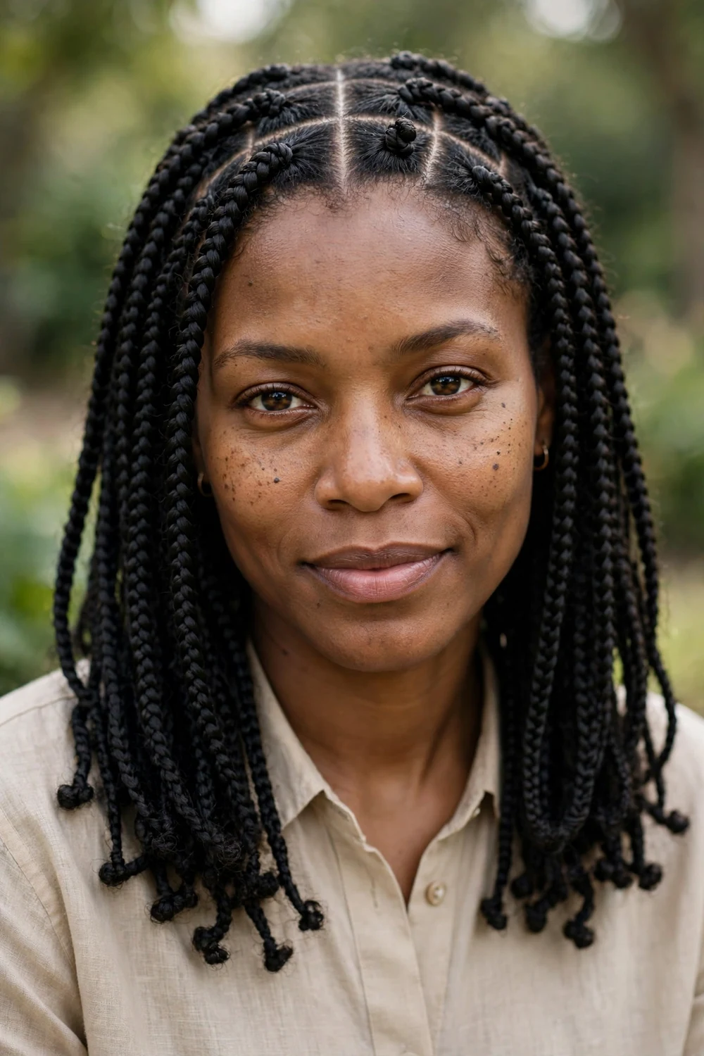 Black woman with triangle-part box braids, geometric triangular sections