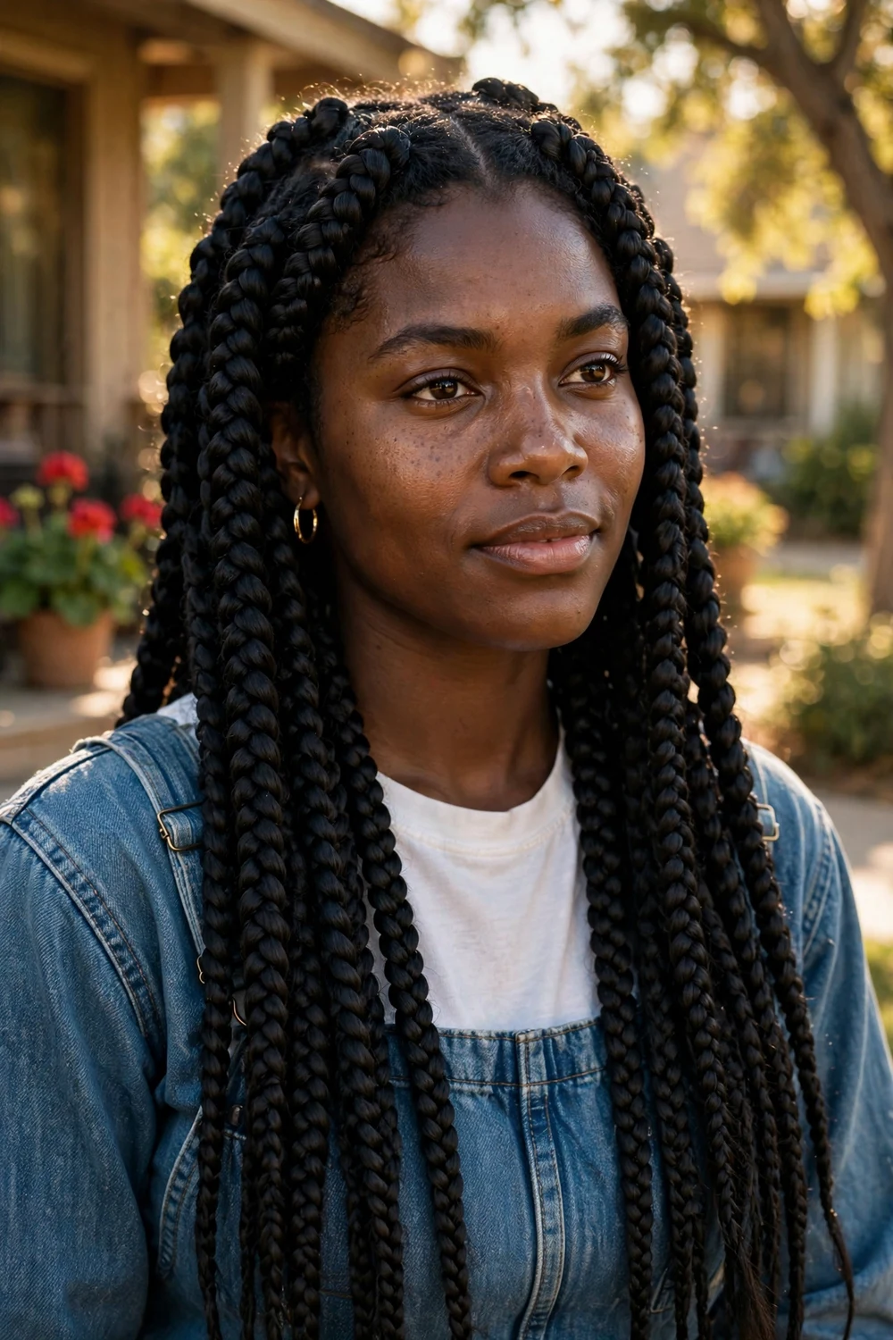 Black woman with classic square-part box braids, traditional neat grid parting