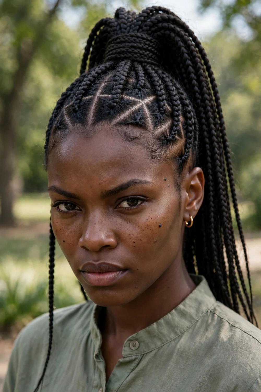 Black woman with layered box braids, braids cut at staggered lengths for movement
