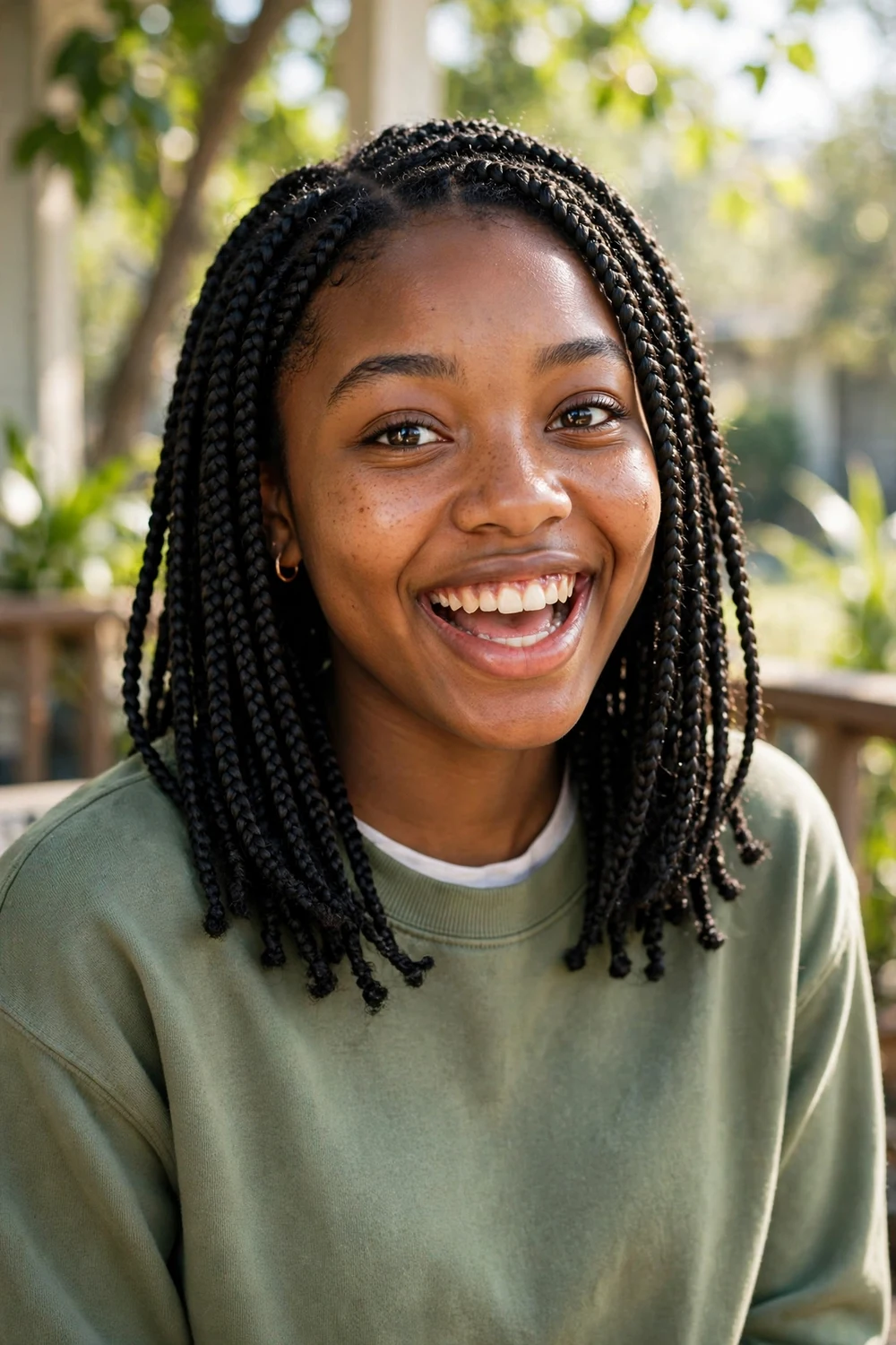 Black woman with low-tension knotless box braids, gentle install protecting edges
