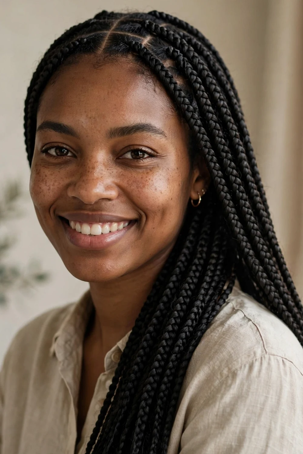 Black woman with beginner-friendly medium knotless box braids, natural black