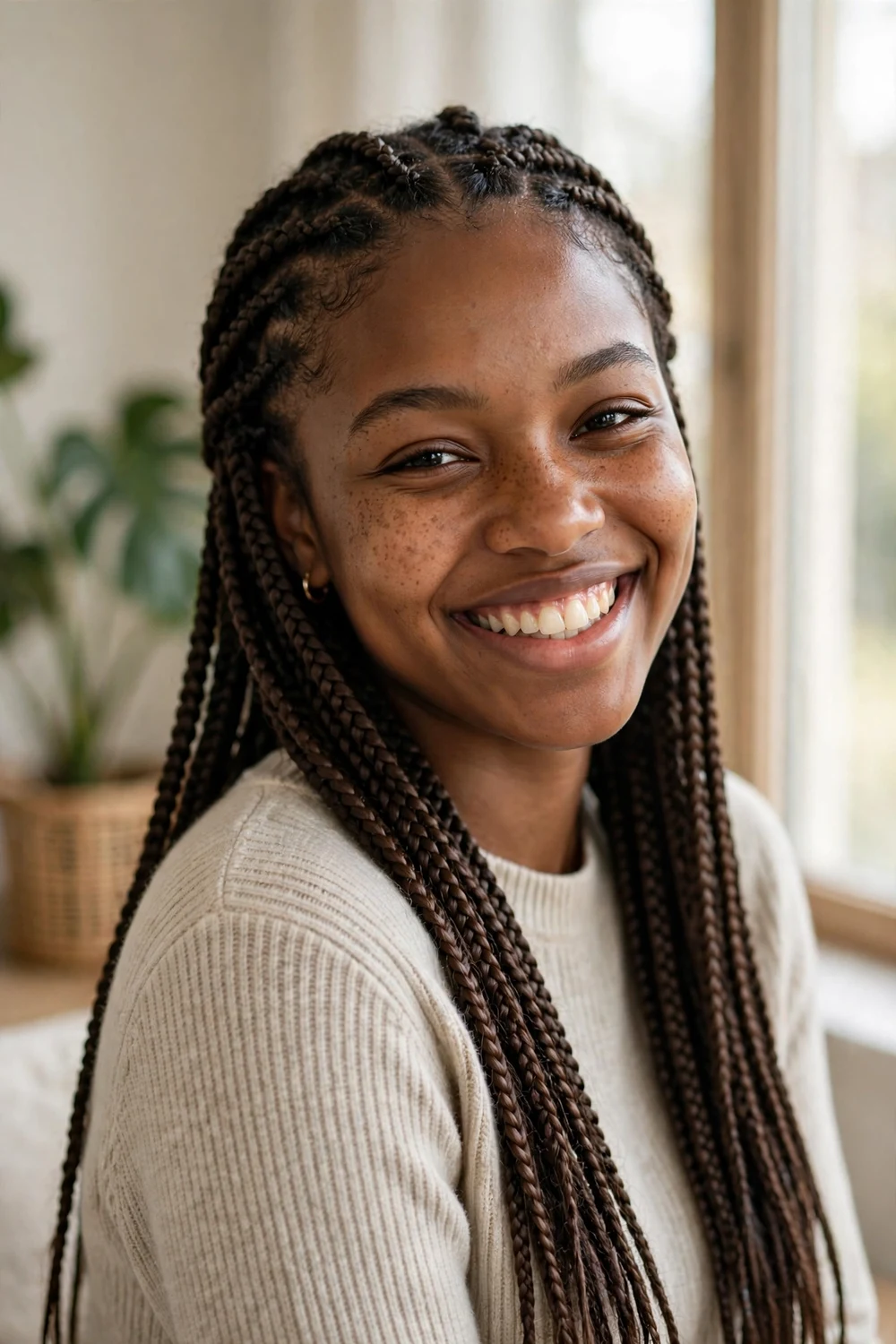 Black woman with micro box braids, tiny delicate braids with natural movement