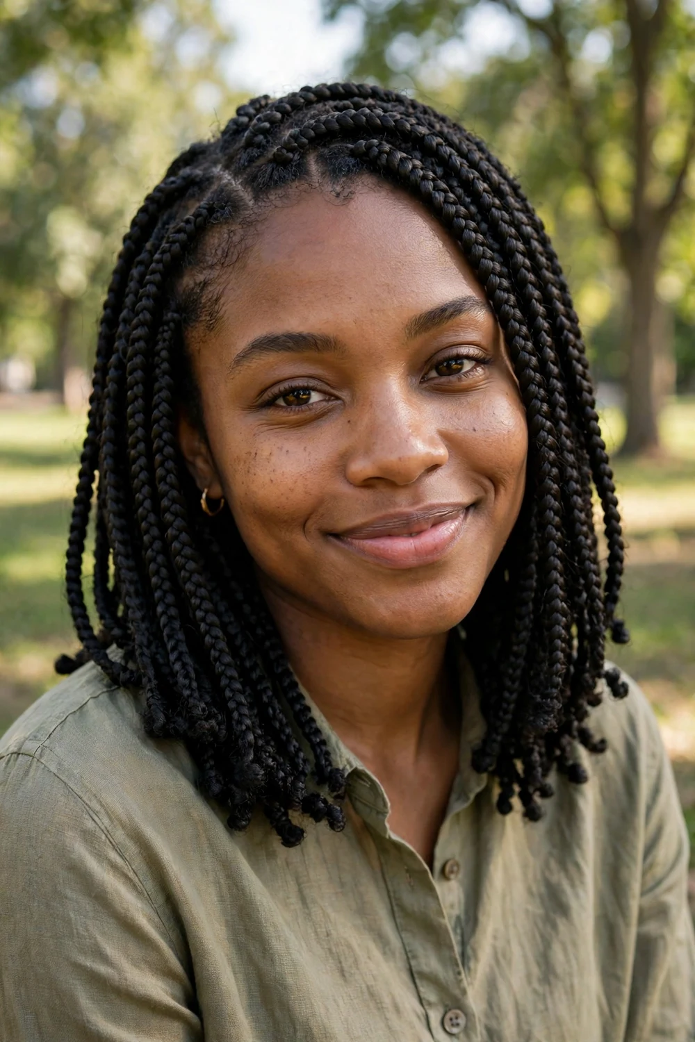 Black woman with knotless box braids, flat feed-in roots, mid-back length