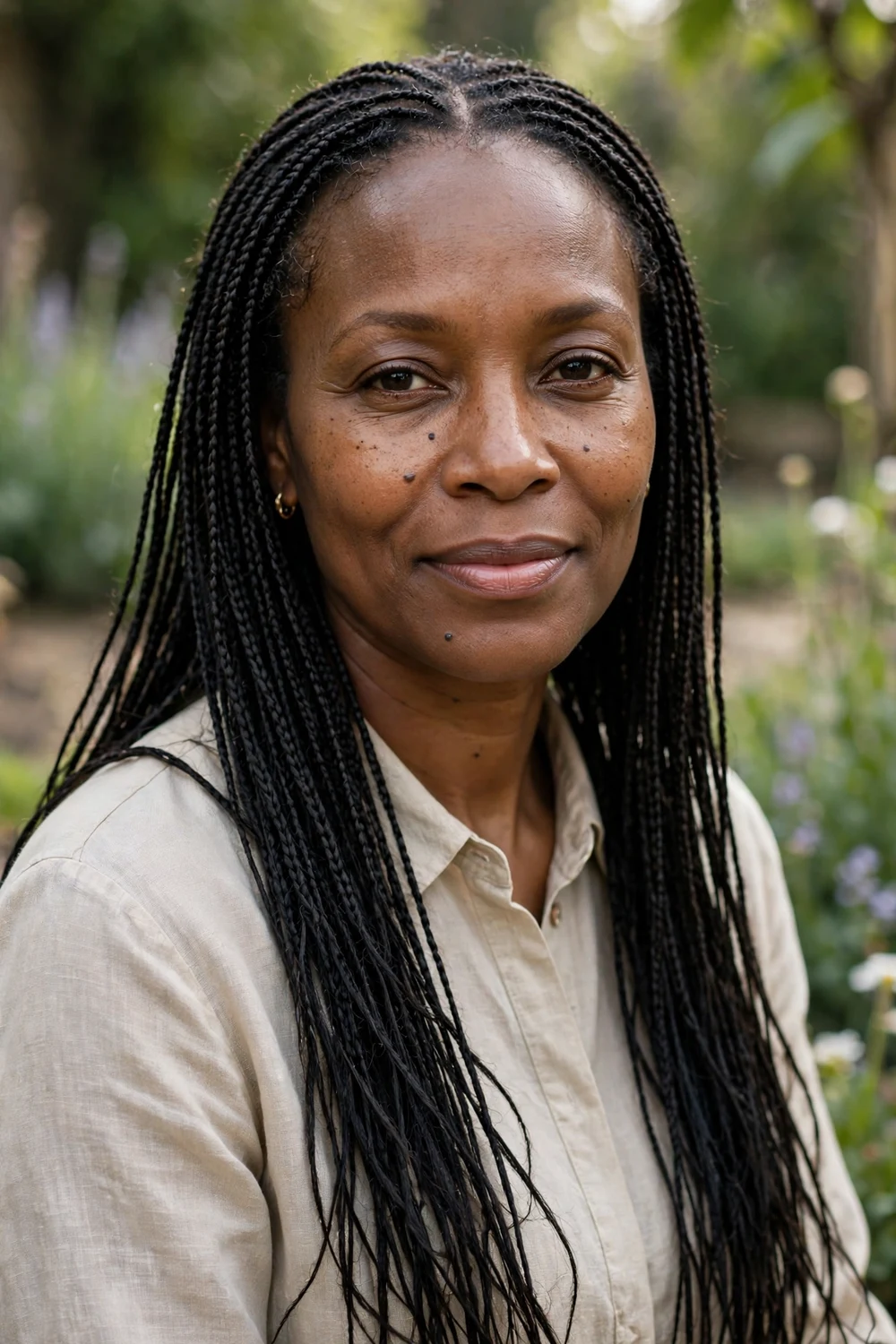 Black woman with mixed-size knotless box braids, thinner braids at face and thicker at back