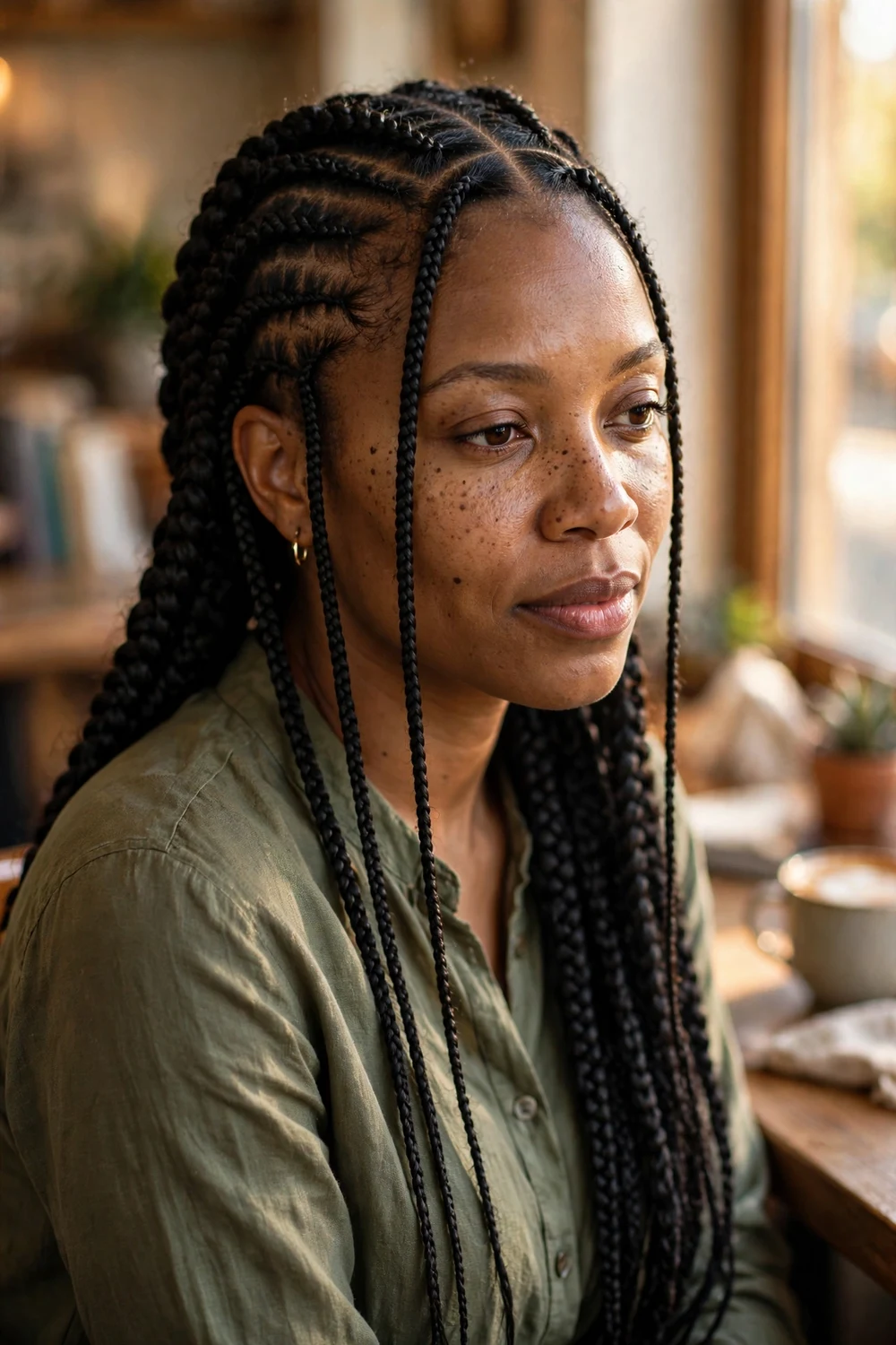 Black woman with crochet box braids installed with a crochet hook method