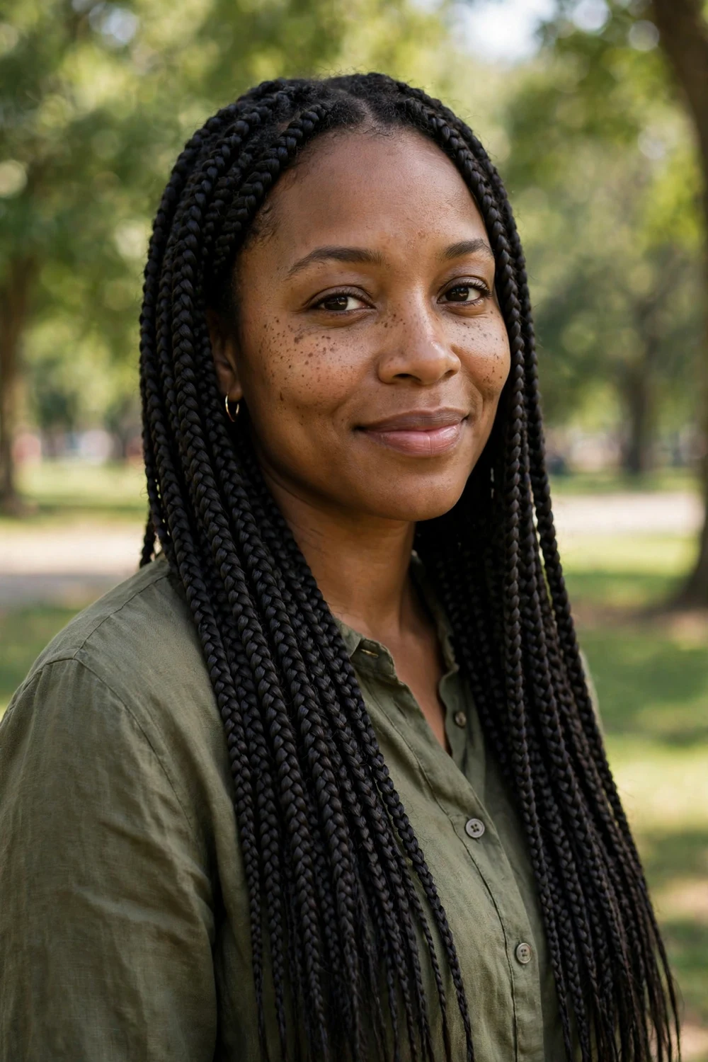 Woman with box braids showing retained natural length