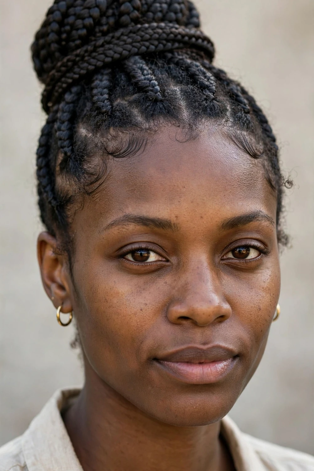 Bun with braid-wrapped base box braids style