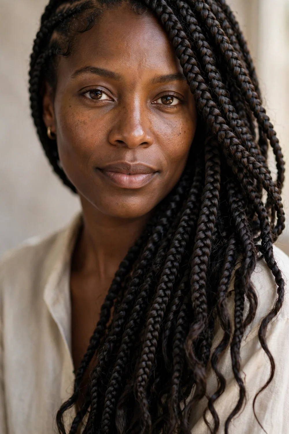 Deep side-part loose box braids hairstyle