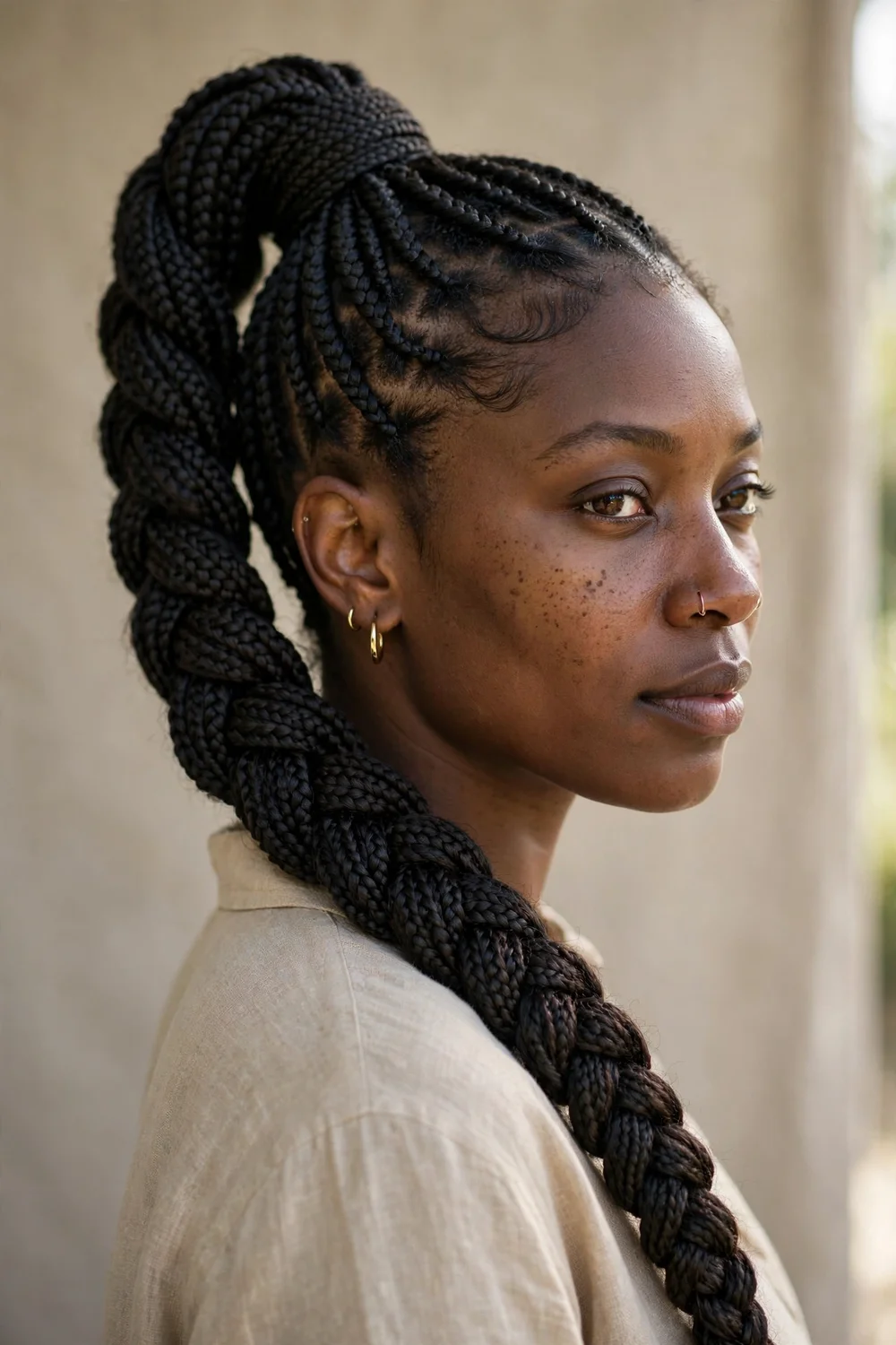 Fishtail-woven ponytail box braids hairstyle