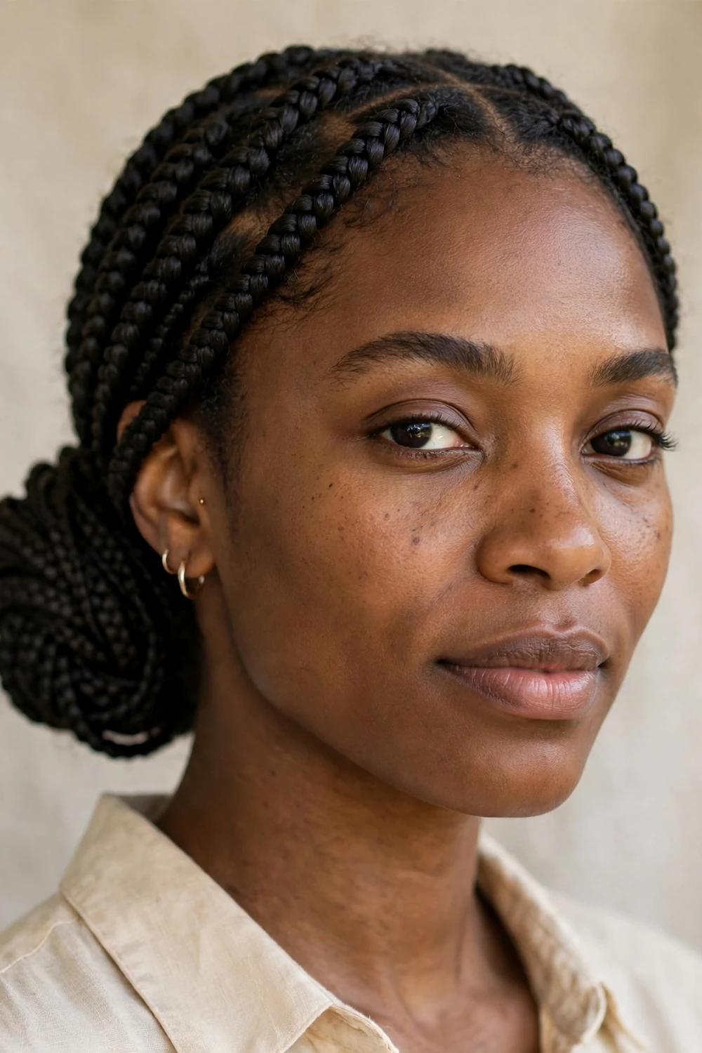 Low chignon bun box braids hairstyle