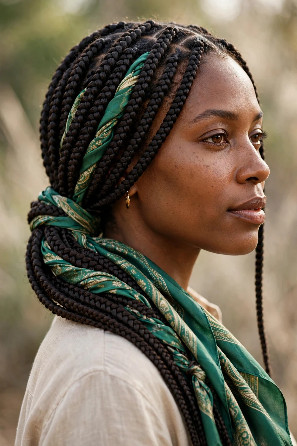 Scarf-woven low ponytail box braids hairstyle