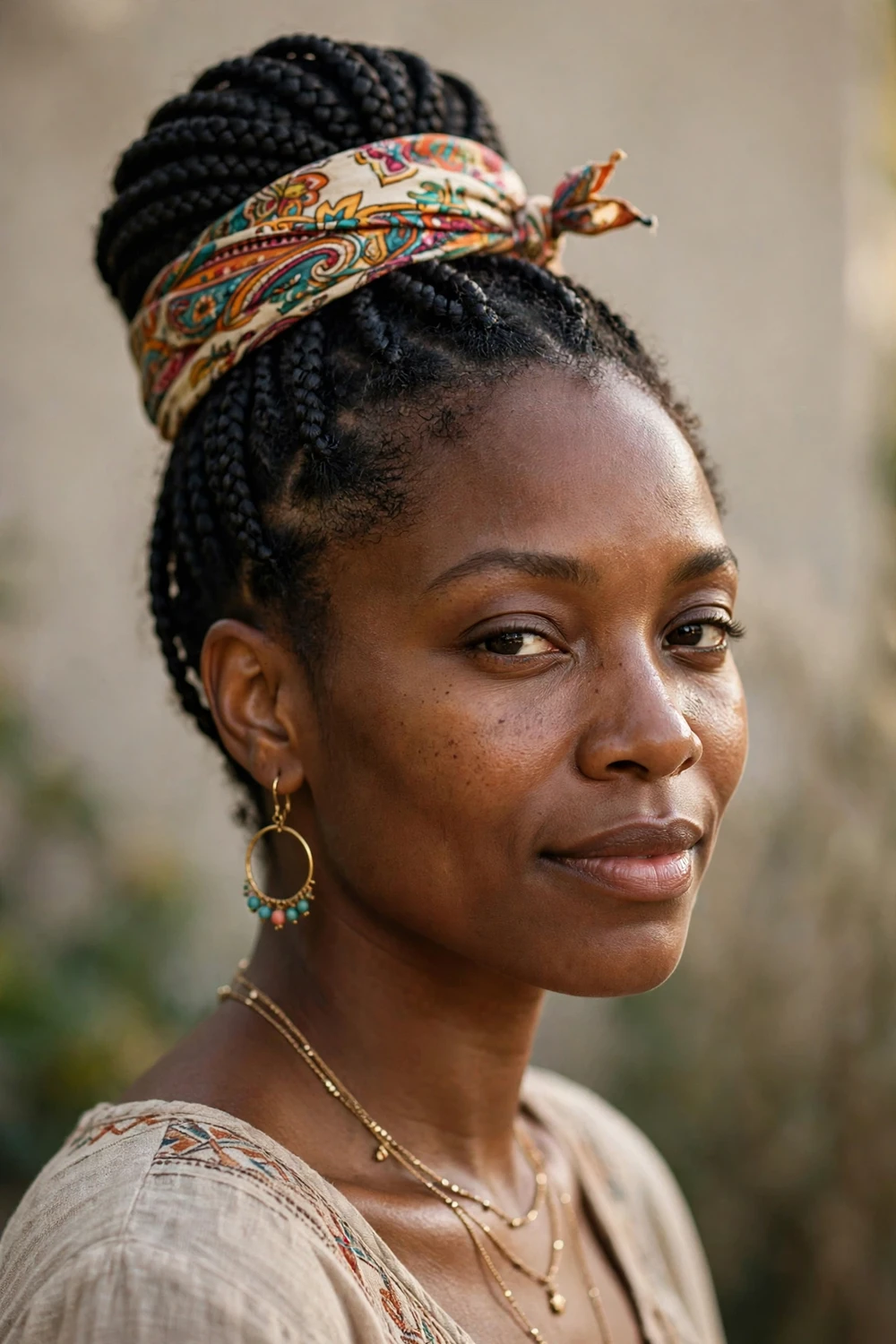 Scarf-wrapped bun box braids hairstyle
