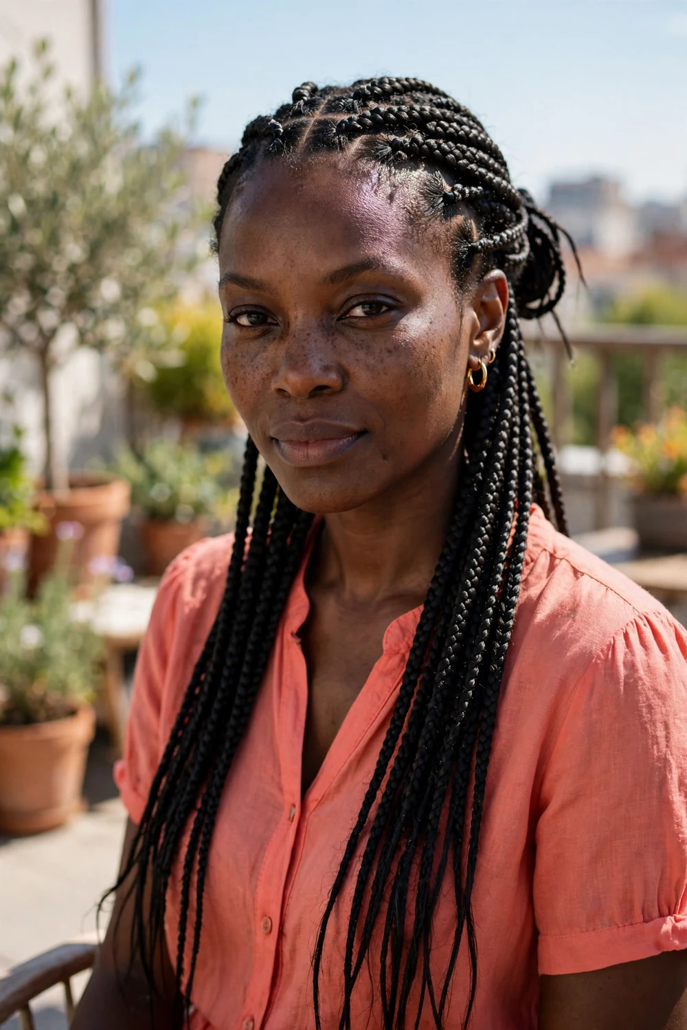Woman with classic medium box braids worn down past the shoulders