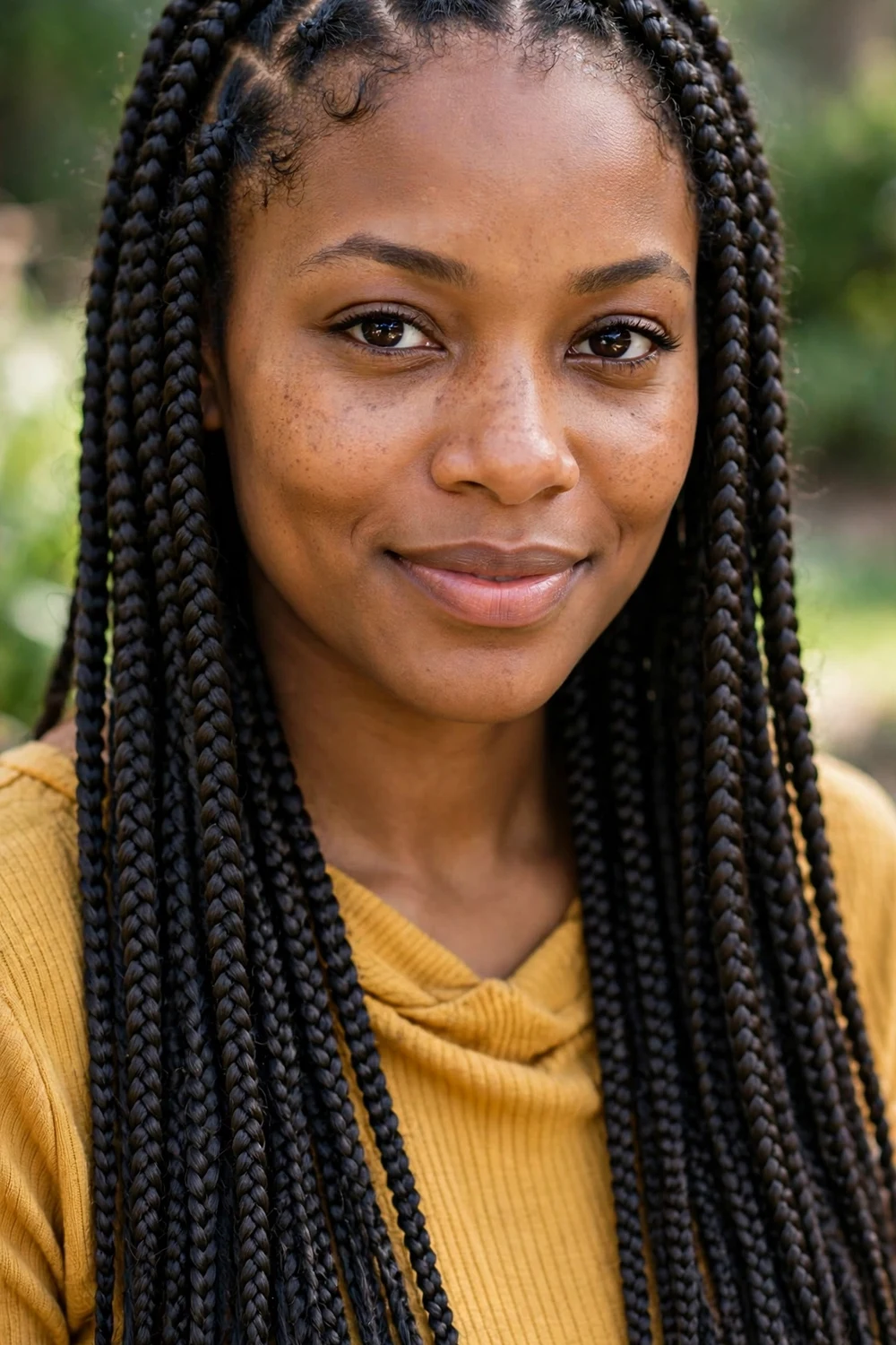 Woman with classic box braids with square partings