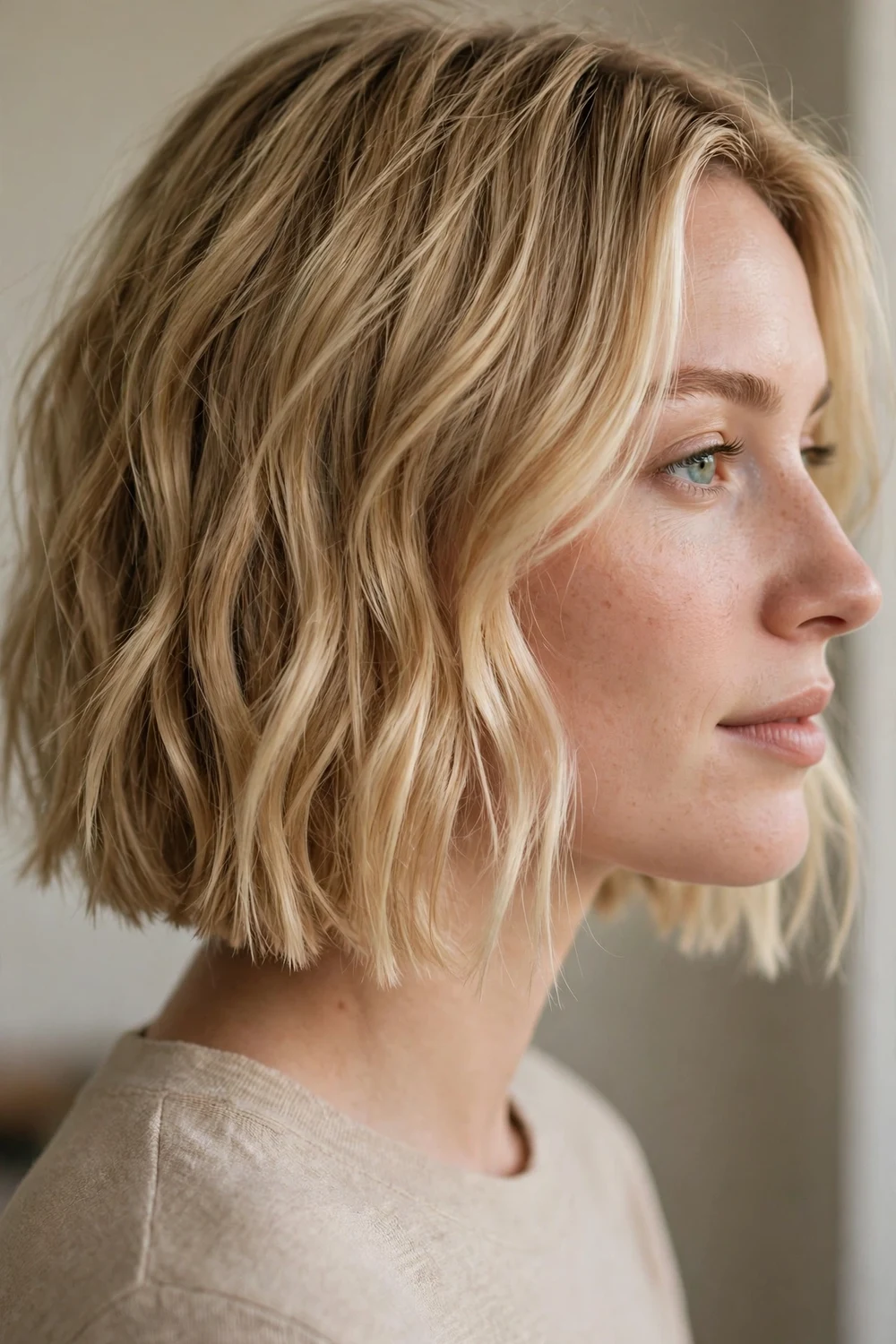 Boy bob with blunt edges and undone wavy texture on honey blonde jaw-length hair, side view