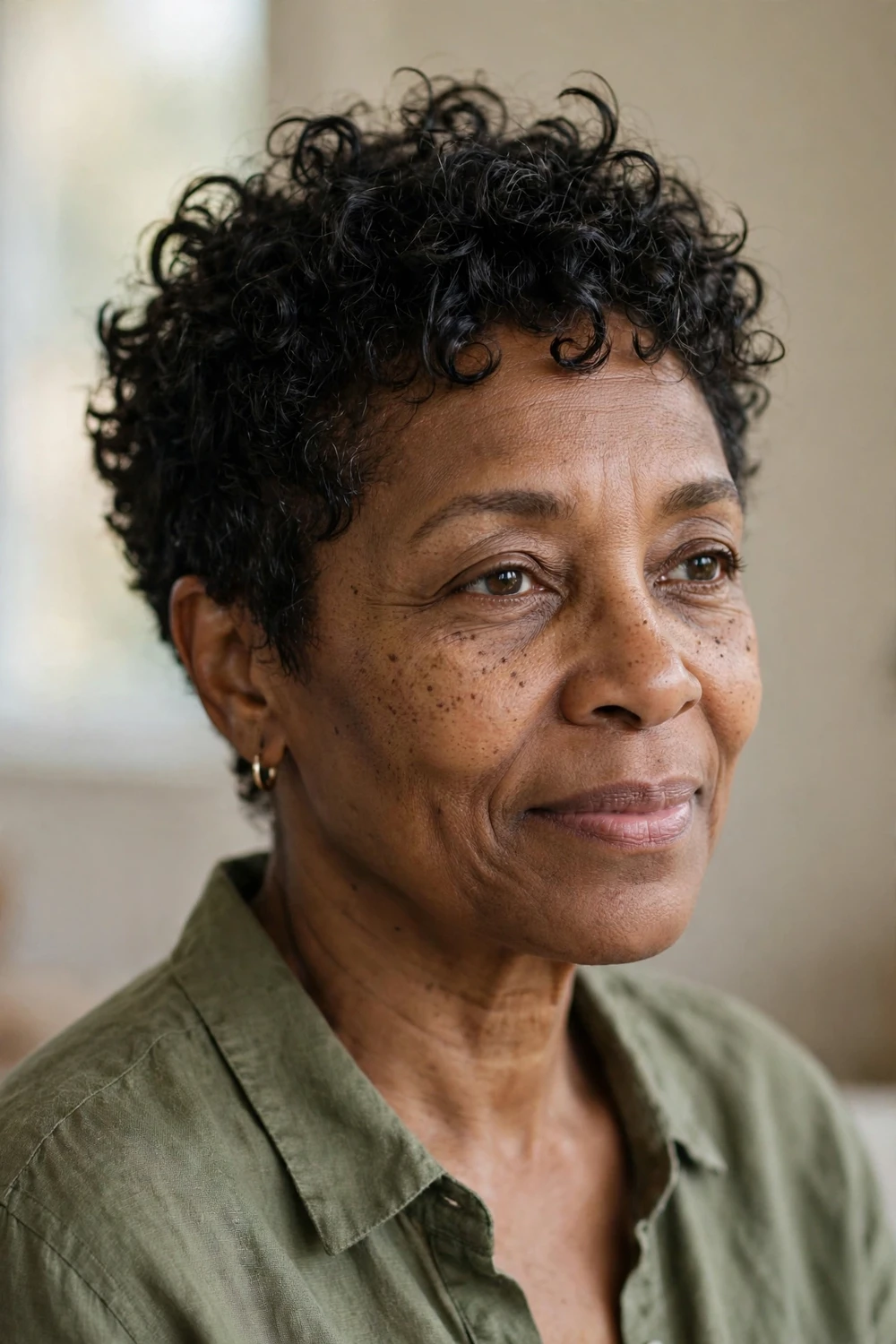 Woman in her 50s with a boyish curly pixie crop, edgy defined curls