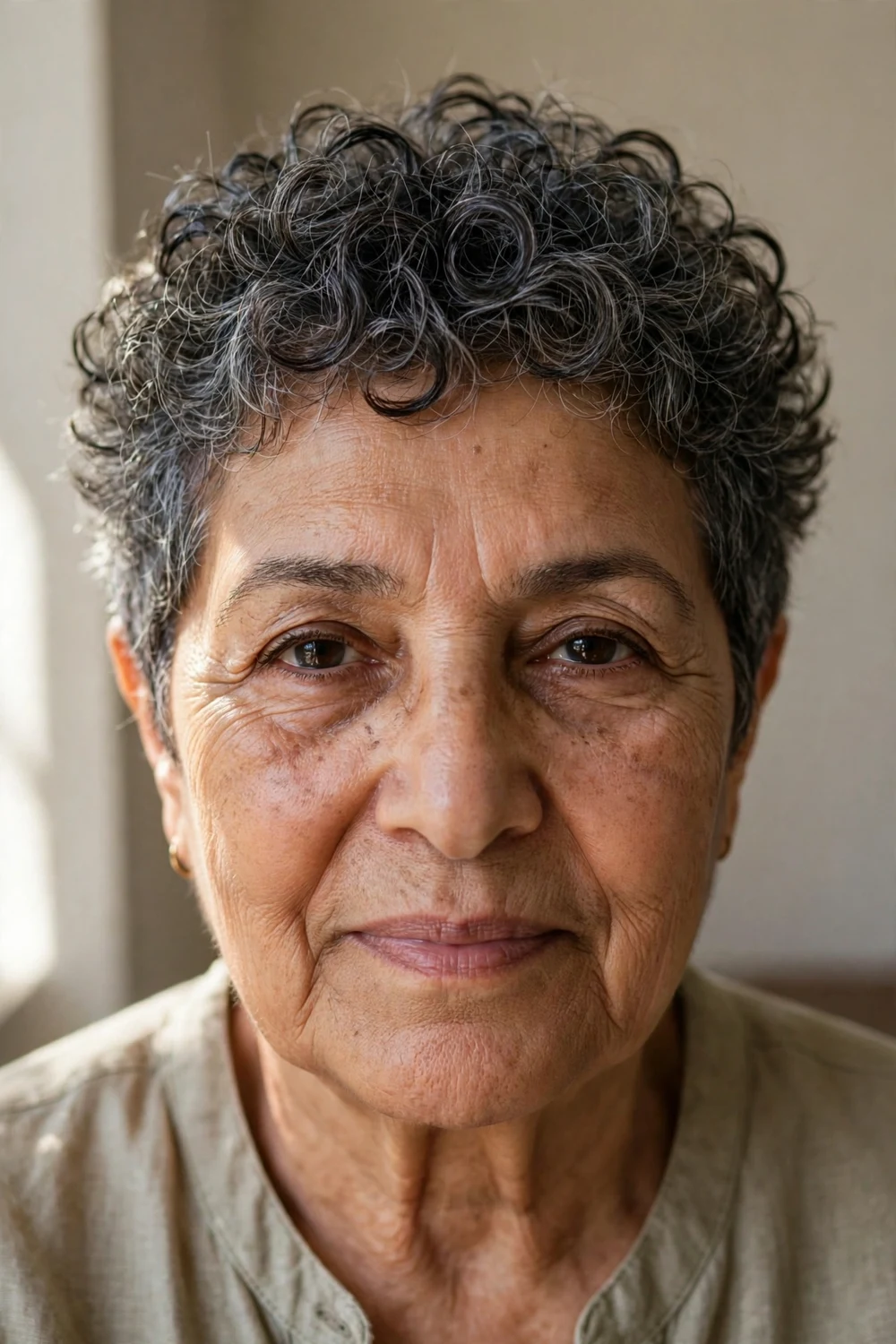 Woman in her 60s with a boyish tomboy curly pixie crop, edgy defined curls