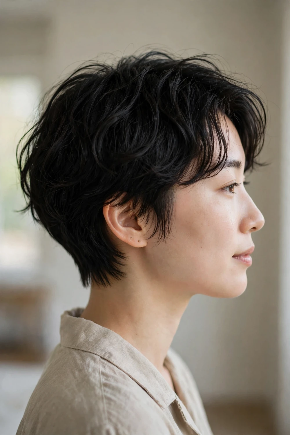 Woman with black wavy hair in a boyish wavy crop cut with feathered layers