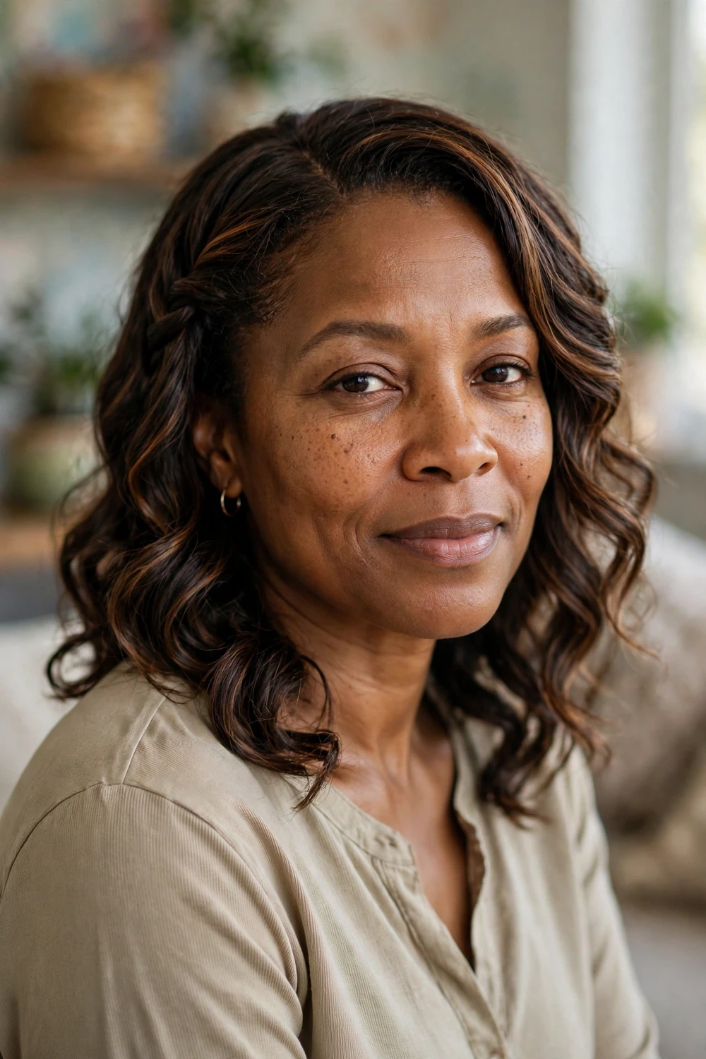 Black woman with soft braid-out waves at medium length, side part