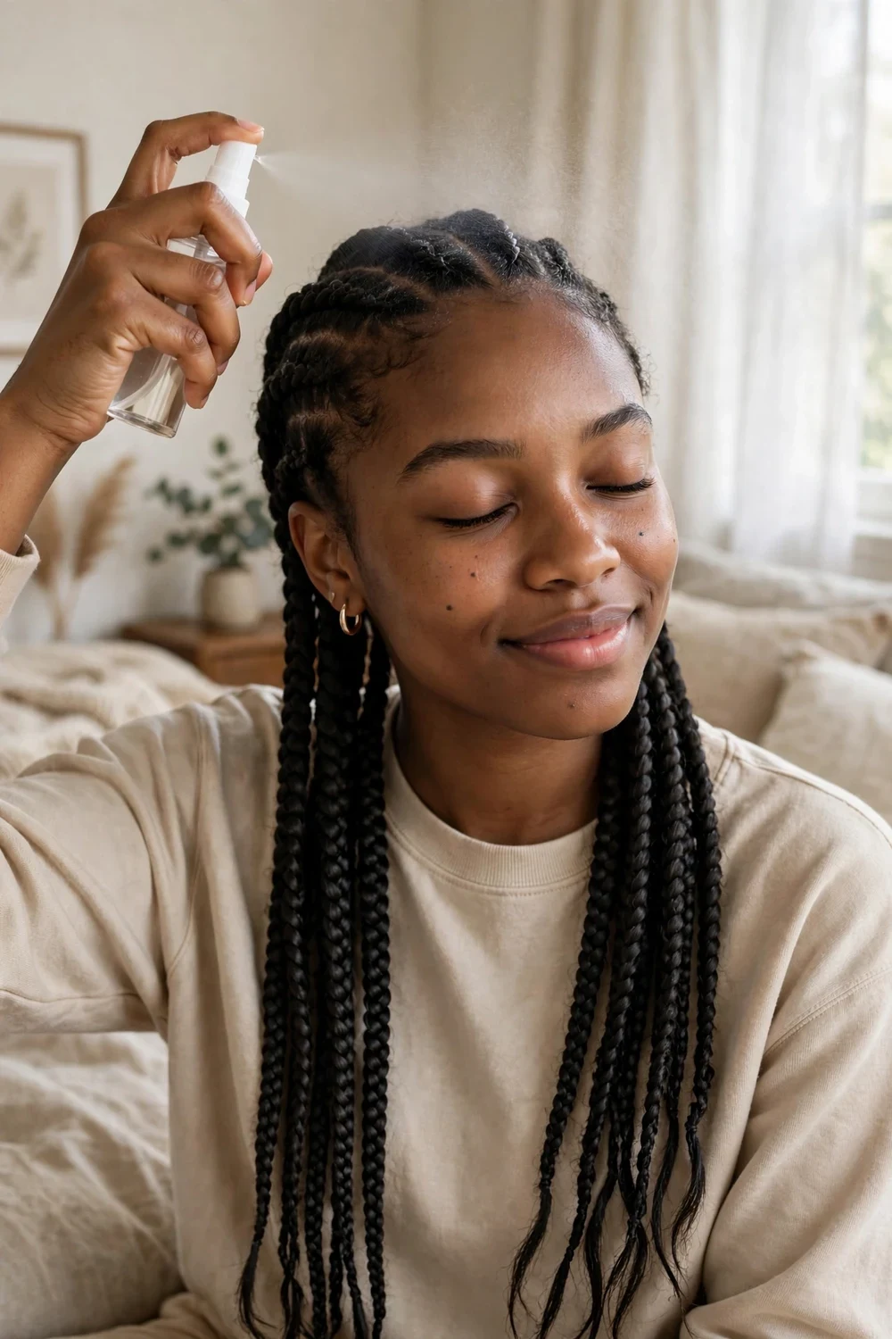 Latina woman with knotless braids misting a soothing braid spray onto her scalp