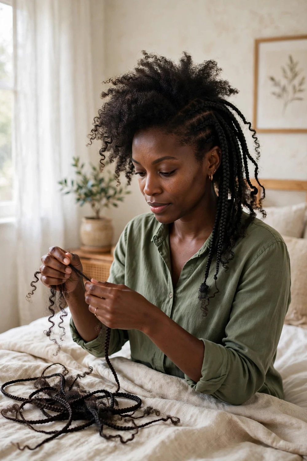 Woman gently finger-detangling her hair after removing braids