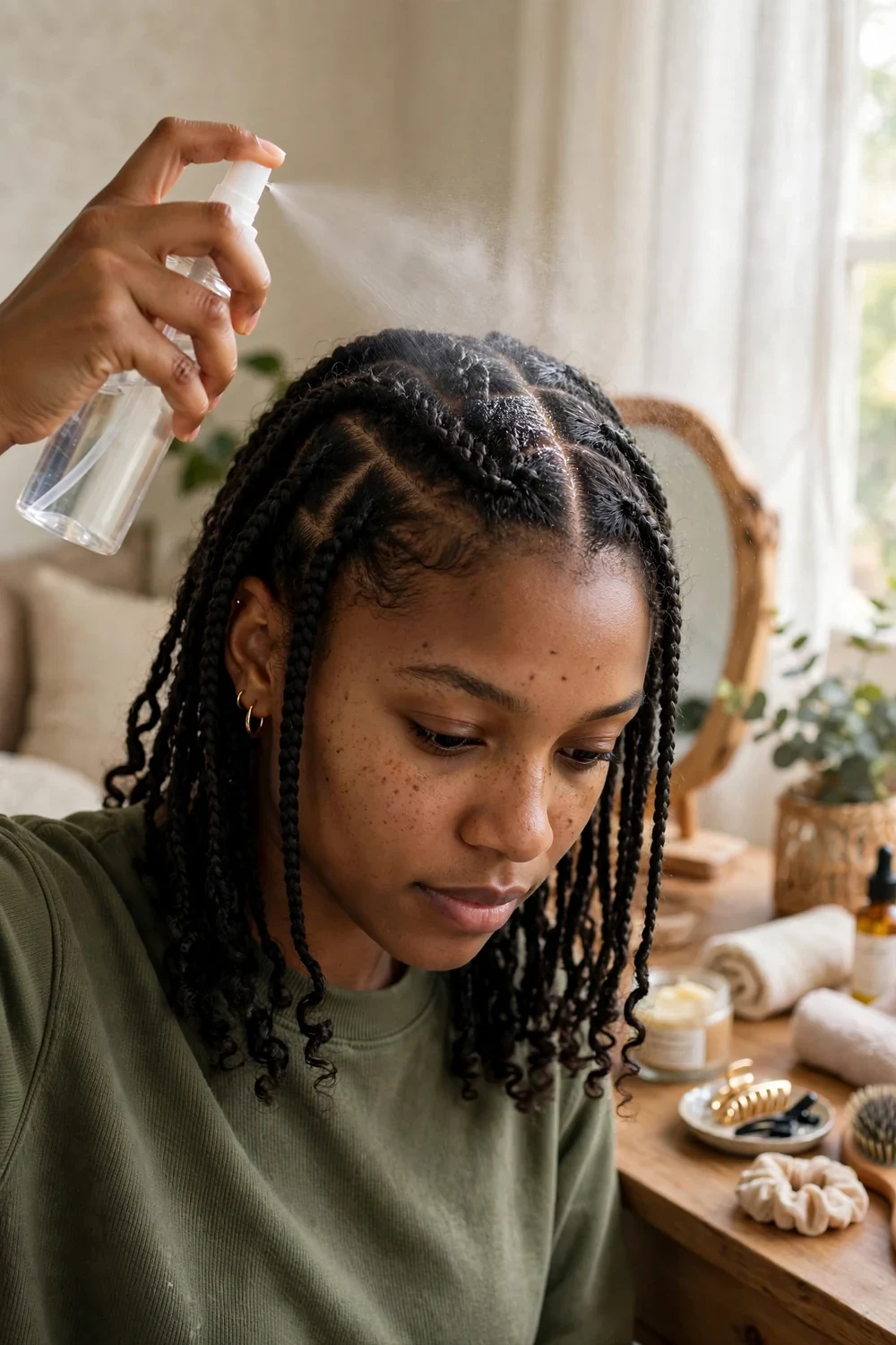 Black woman with knotless braids misting braid tension spray onto her scalp