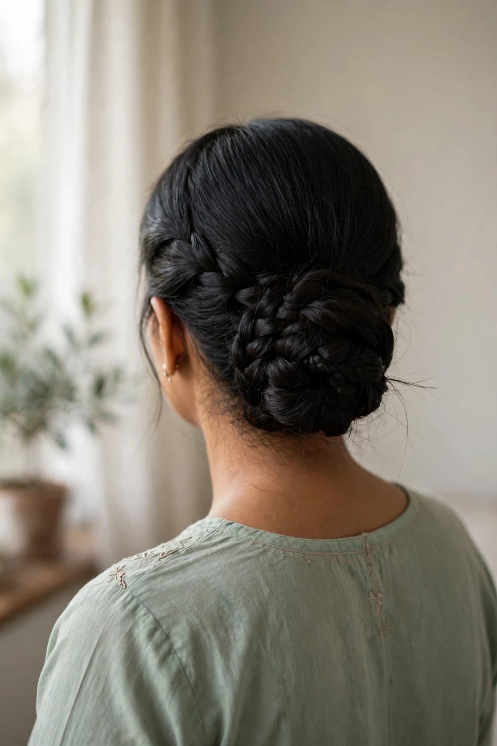 Woman with braided chignon low bun for Christmas long hair
