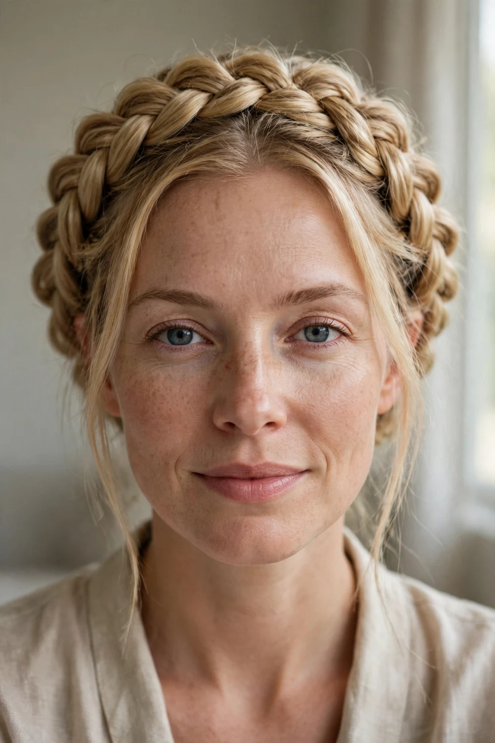 Woman with braided crown hairstyle for Christmas long hair