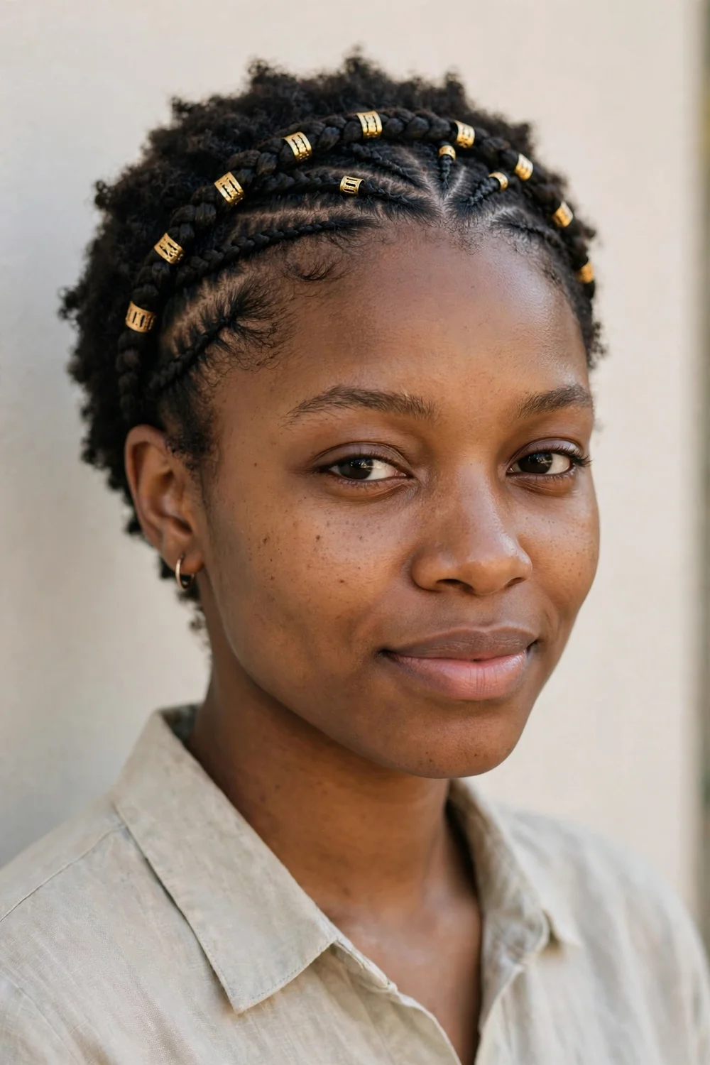Woman with a braided crown on short hair