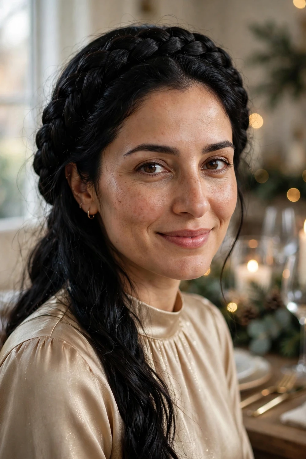 Woman with braided halo crown encircling her head