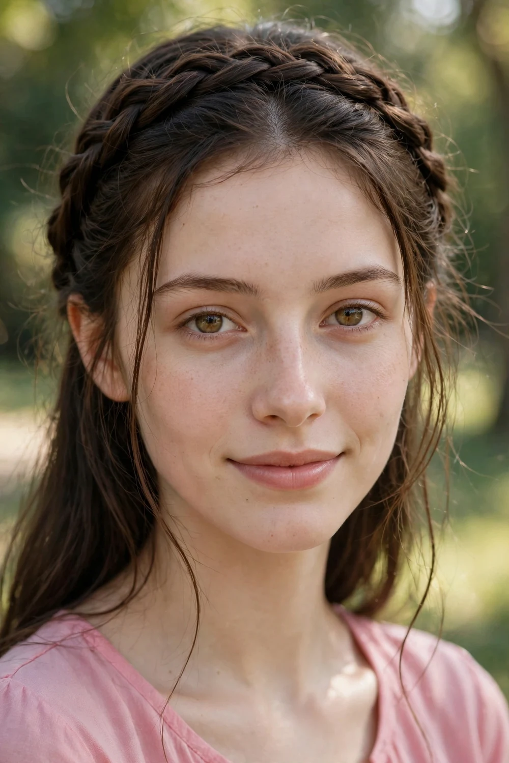 Woman with a long oval face wearing a braided crown wrapped across the top of her head with soft side pieces