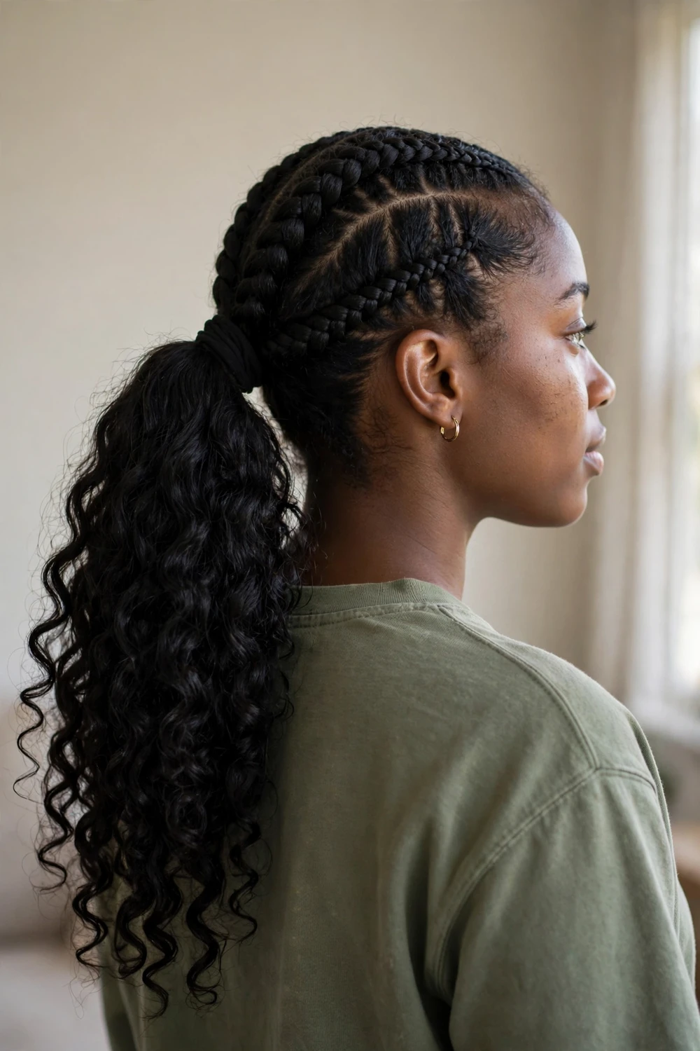 Woman with a braided curly ponytail on thick hair