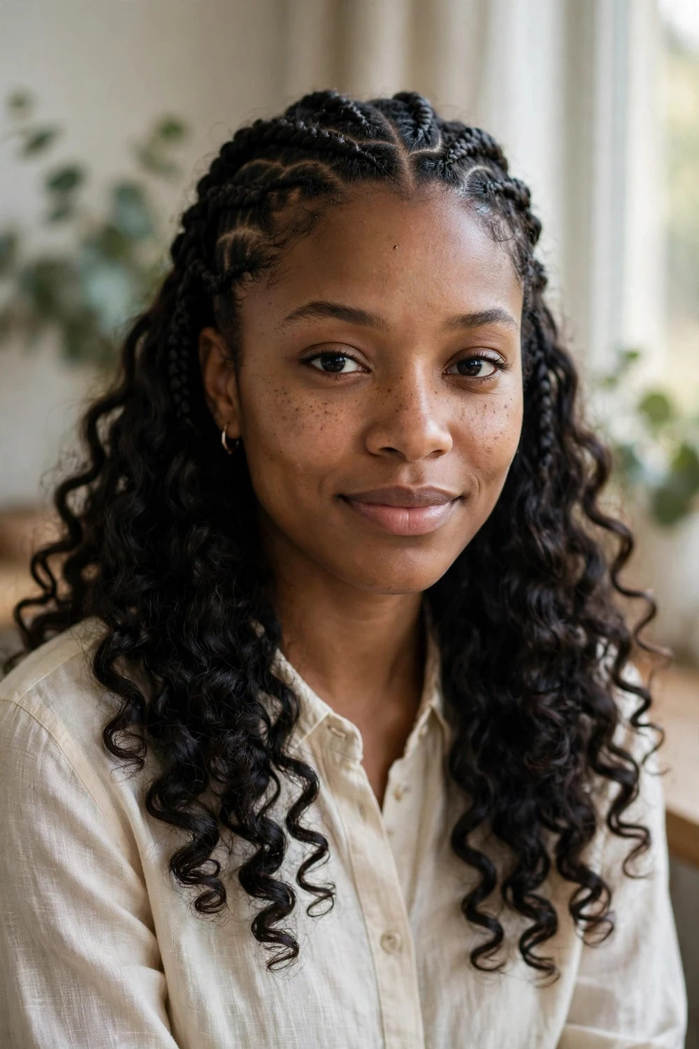 Black woman with goddess braids, thick raised cornrow braids with curly ends