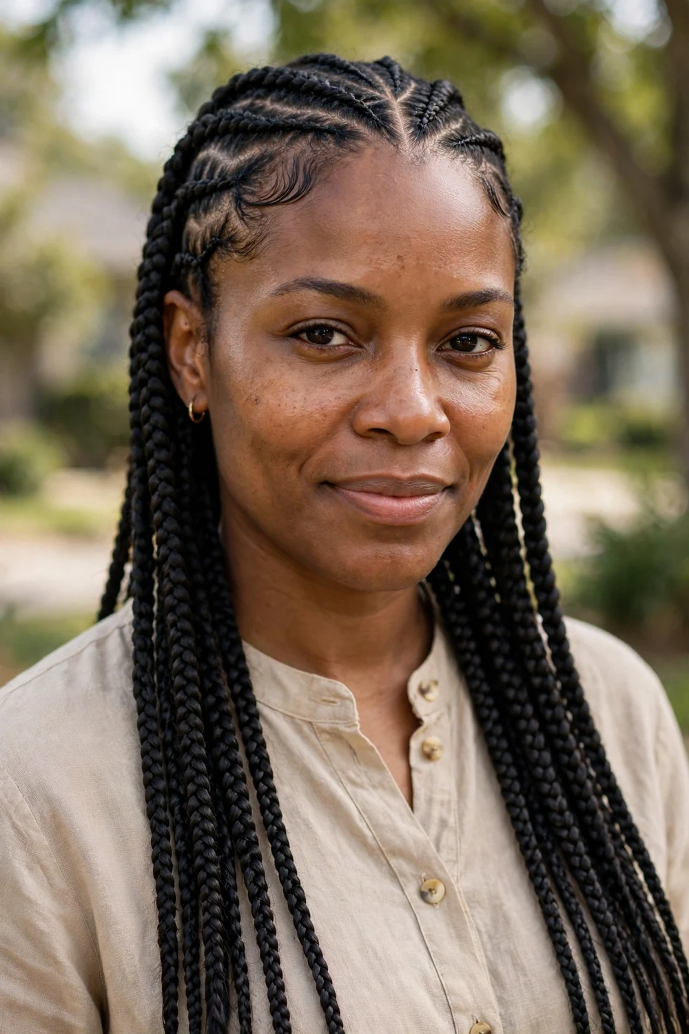 Black woman with lemonade braids, side-swept cornrows in neat rows