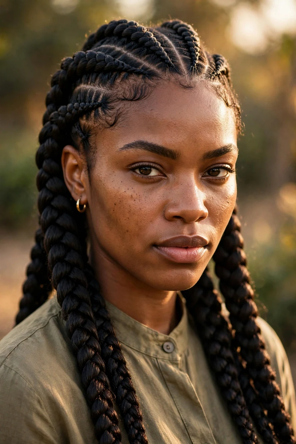 Black woman with long feed-in braids, clean curved parting, low tension