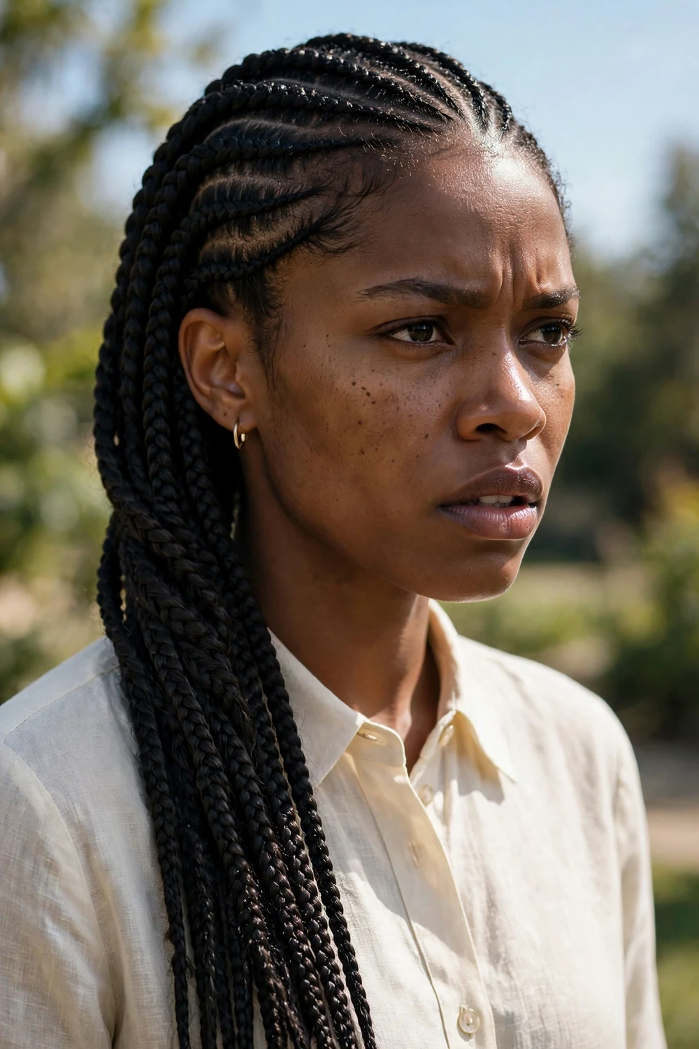 Black woman with ghana braids, thick tapered cornrows in neat rows