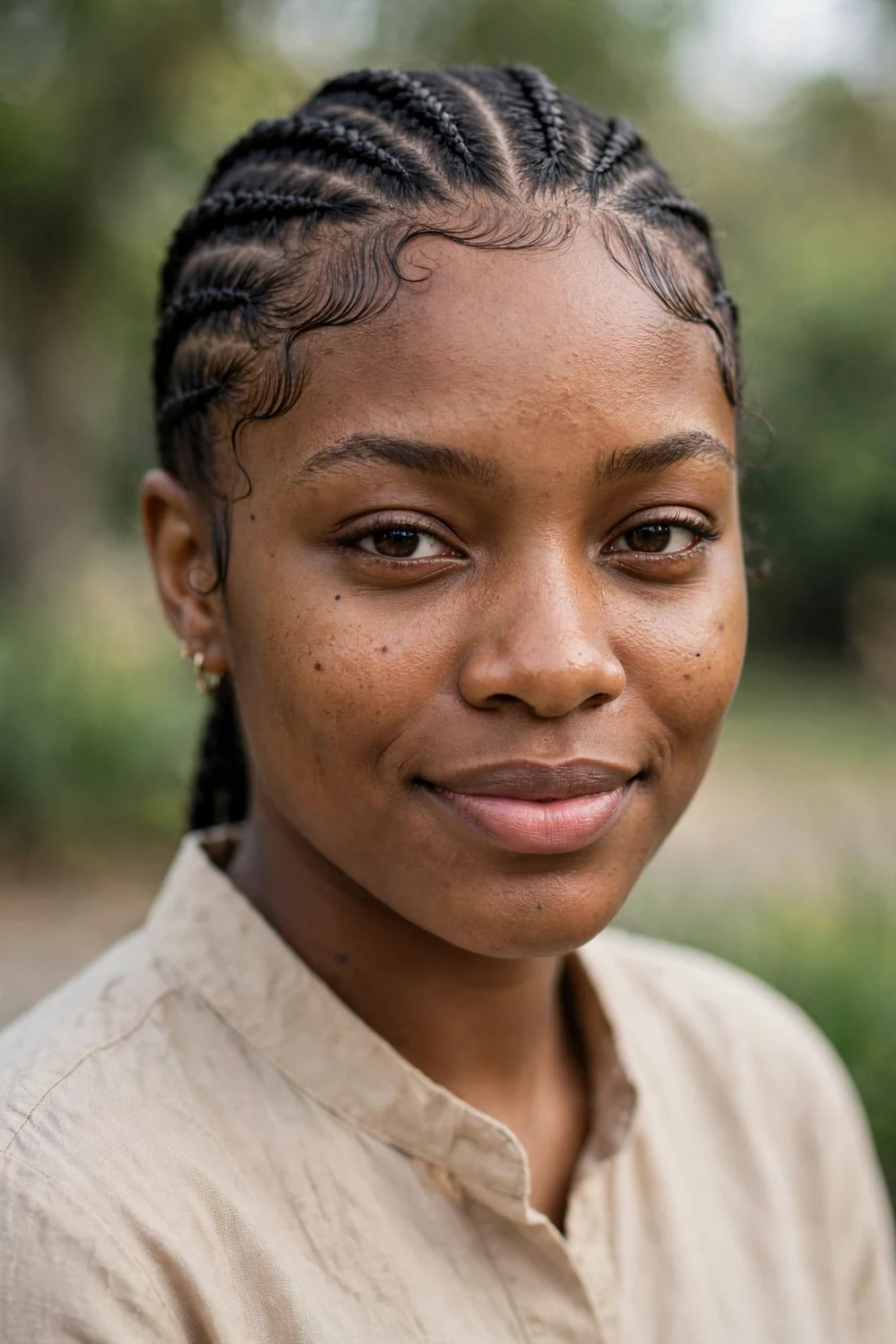 Black woman with stitch cornrows, precise stitch-pattern partings, sleek