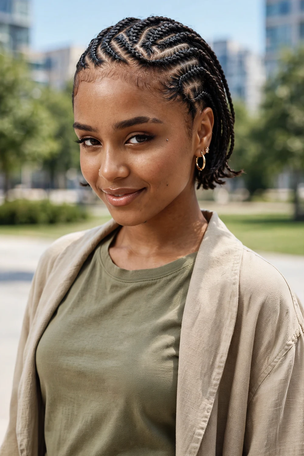 Black woman with sleek cornrows and curved baby hair detail at hairline