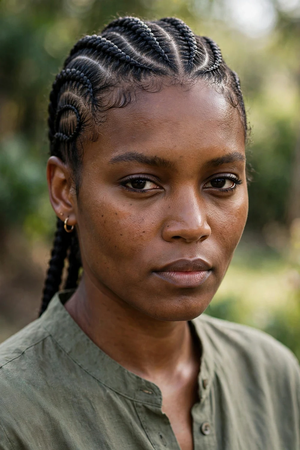 Black woman with short tyla braids, short feed-in braids with sleek finish