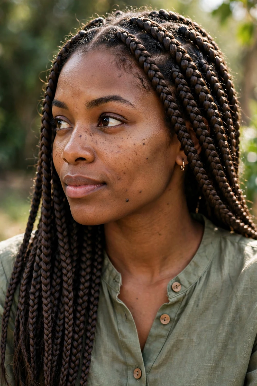Black woman with fishbone braids, intricate herringbone braid pattern